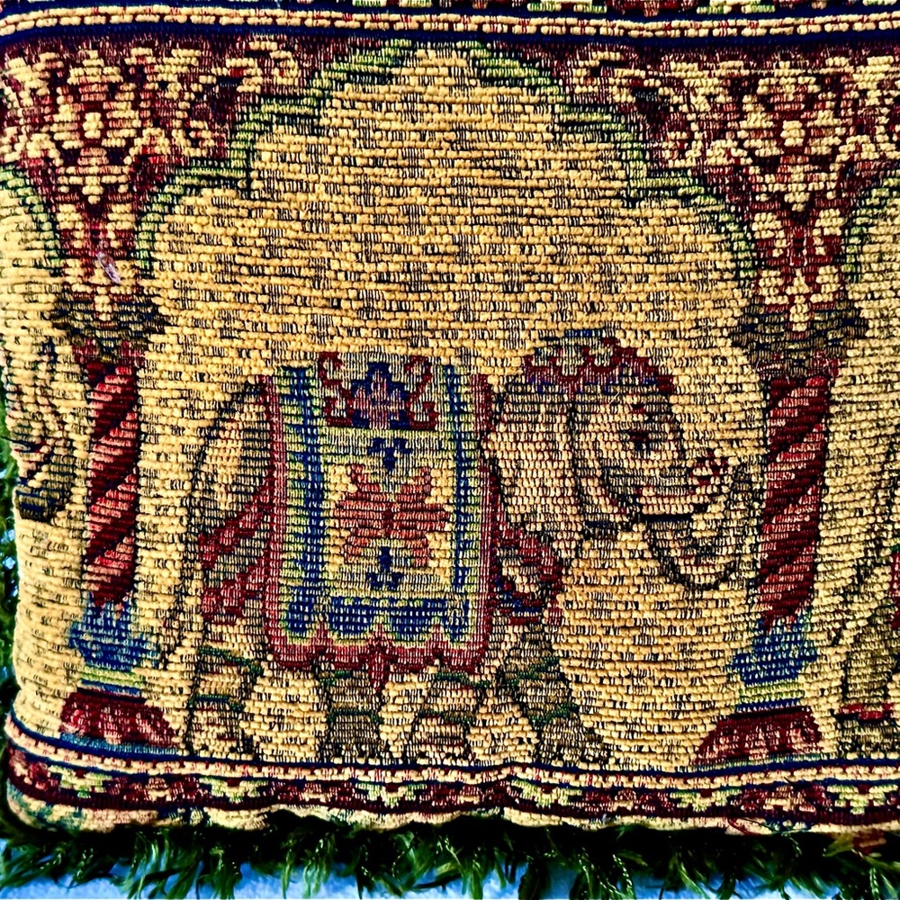 Vintage Decorative Elephant Tapestry Pillow Green Burgundy Square 11.5” Fringe - Picture 7 of 12